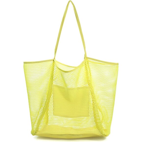 Women's Yellow Mesh Beach Tote Nylon/polyester No-closure Shoulder Hand Bag - Picture 1 of 6